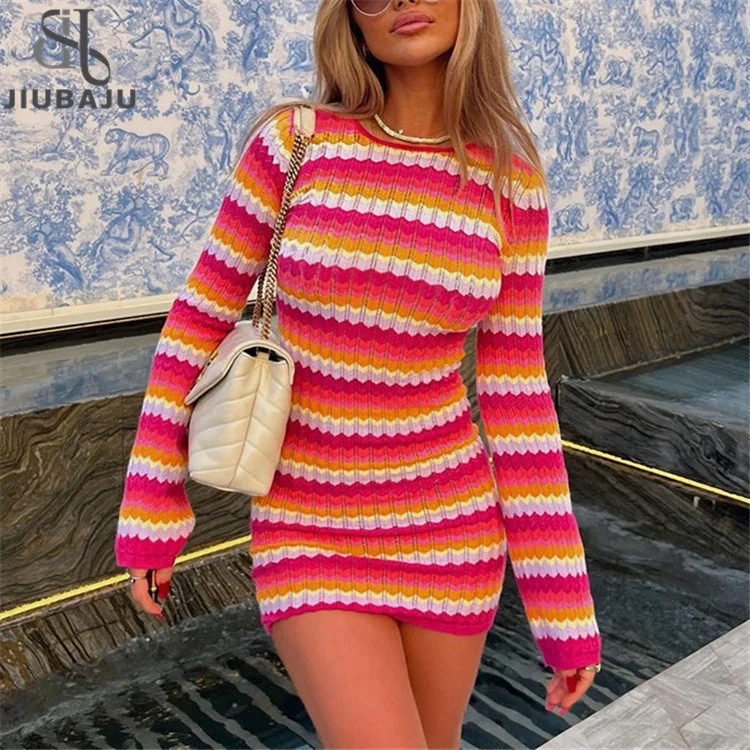 2023 Autumn Women Knitted Sexy Y2K Clothes Lace Up Long Sleeve Hollow Out Bodycon Mini Dress Outfits