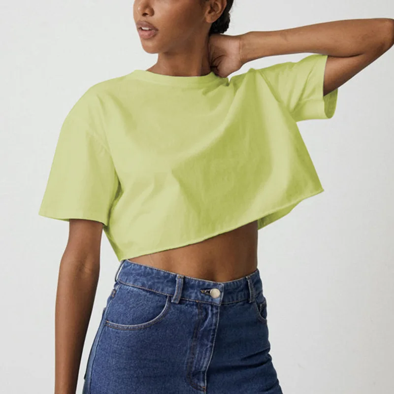 Hot Sale Women's Custom Blank 100% Cotton Short Sleeve Oversized Fitness Cropped Tee Shirts