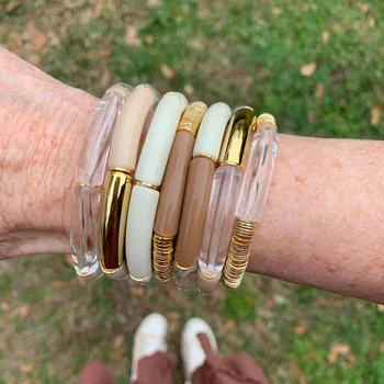 Summer Jewelry Customized Color Mix 8 mm Lucite Curved Tube Bangles Bracelet Skinny Acrylic Bamboo Bead Stackable Bracelets