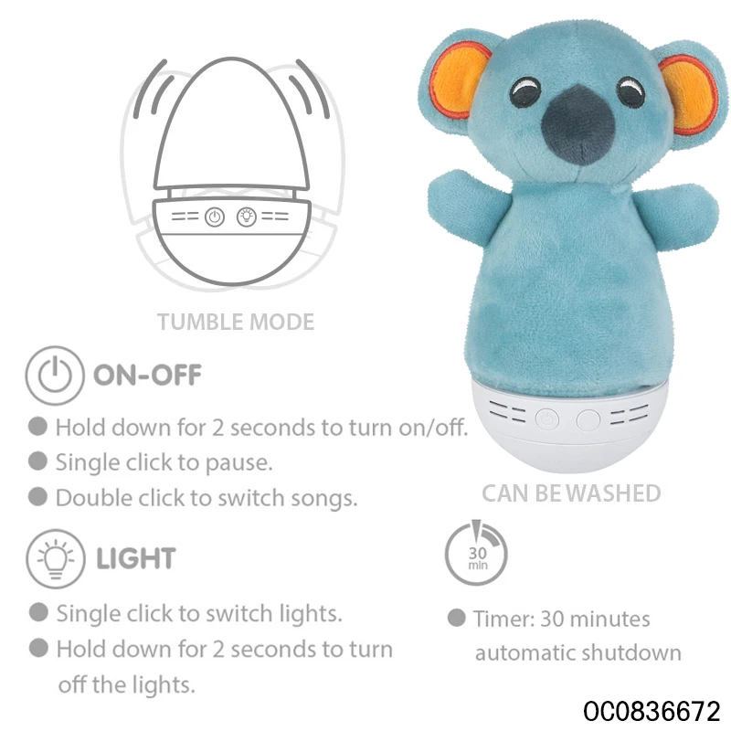 Led music lighted up koala bear soft roly poly toys plush custom for baby sensory