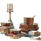 New Style Auratic Factory Europe Christmas Red Flower Home Hotel Fine Porcelain Ceramic Plate And Bowls