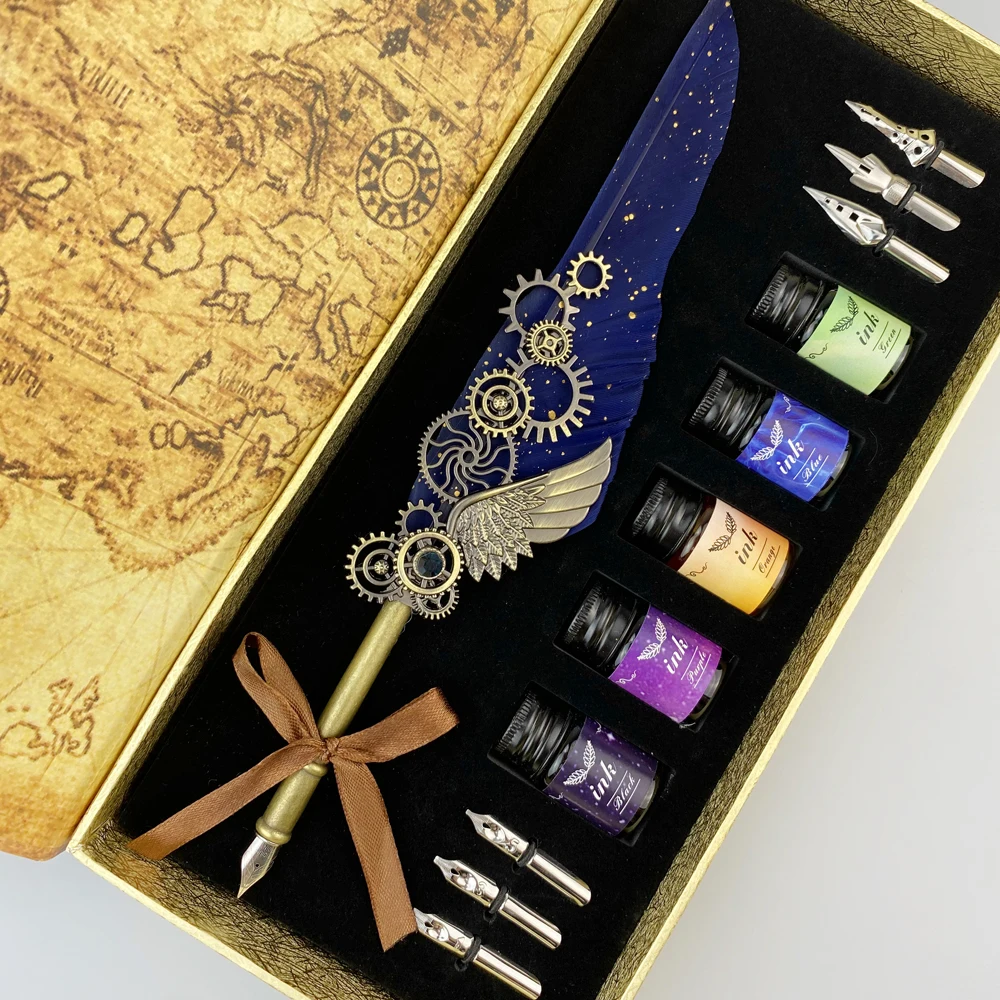 Wholesale Quill And Ink Retro Feather Pen With Ink Set Plastic Quill Gel Calligraphy Various Fountain Pen Heads Gift Box