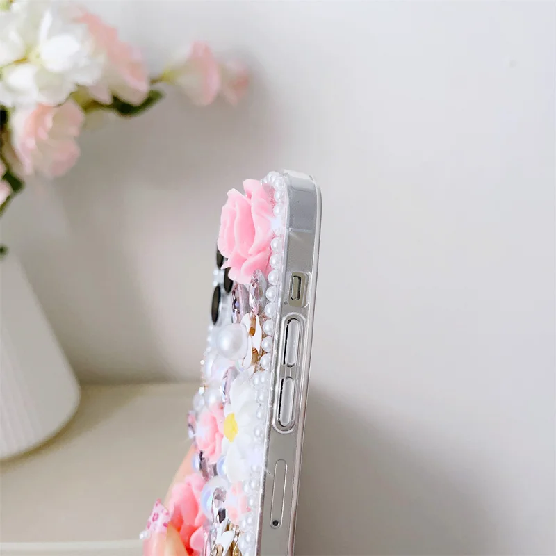 Luxury Bling Diamond Pearl Flower Phone Case For iPhone 15 Pro Max 14 13 12 11 Xs Xr Xs Max Rhinestone Mobile Covers For Girls