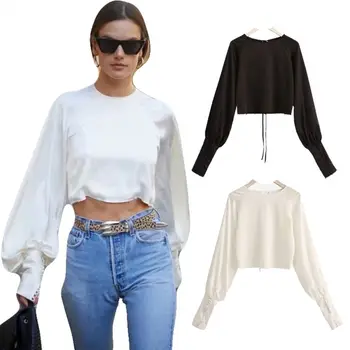 Sexy Crop Tops For Women 2021 Clothing Vintage French Puff Sleeve Blouses Ladies Fashionable Black White Shirts Party Club
