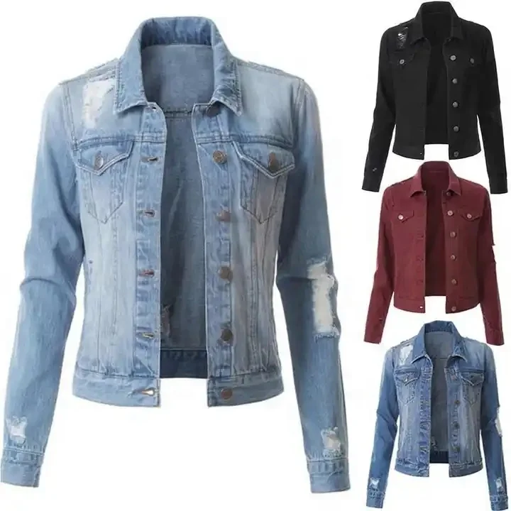 Locachy Women's Casual Denim Jacket Solid Color Basic Long Sleeve Jean Jacket Coat