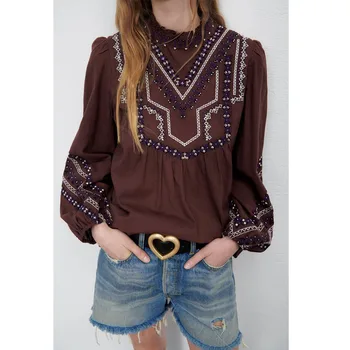 Women Casual Summer Fashion 2022 Cotton Linen Embroidery Tops Elegant Long Sleeve Bohemian Blouses Hand Embroidered Shirt