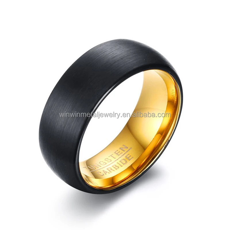 8mm Black Brushed Tungsten Wedding Band Ring with Gold Inner Vintage Style for Unisex