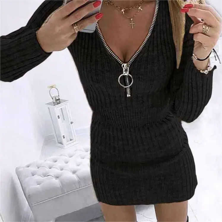 2023 Autumn Winter Women Clothes Neck Zipper Waist Closing Long Sleeve Knitted Hip Wrap Bodycon Sexy Dress