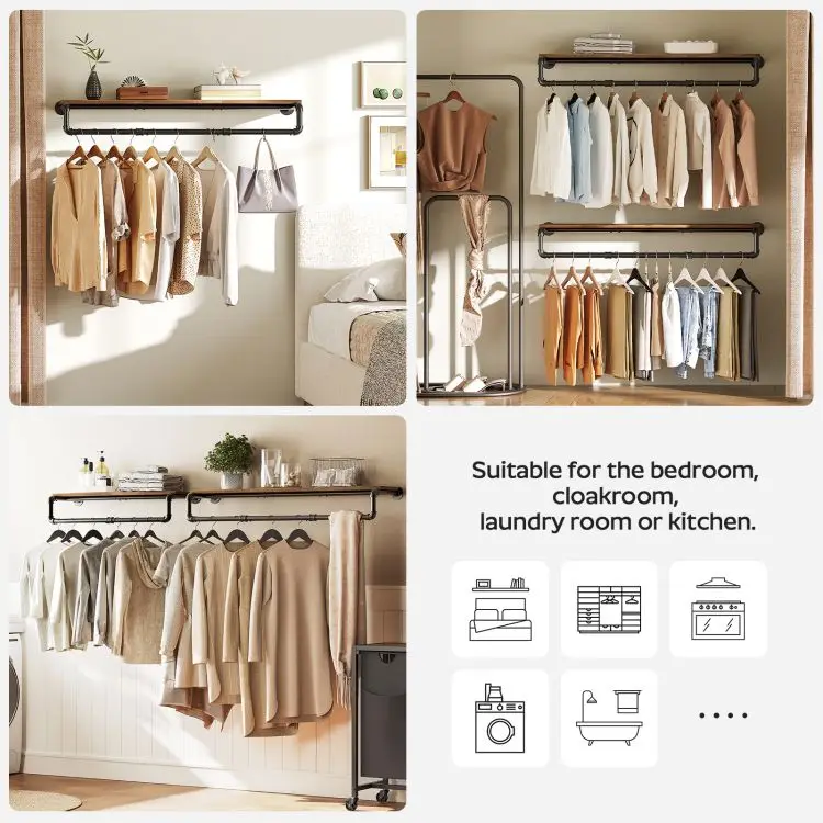 Wholesale Wooden Wall Mounted Coat Racks with Hooks and Storage Shelf Industrial Style Clothes Holder Rods for Entryway