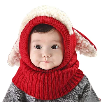 F388 Baby Kids Warm Winter Hat and Scarf Set Animal Ears Thick Wool Crochet Knitted Earflap Hooded Knitting Pattern Animal Scarf