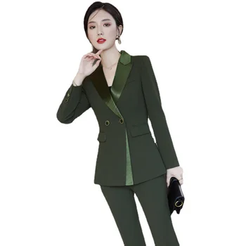 Customization Women Office Business Suits Ladies Formal Suits Spring Autumn Double Breasted Green