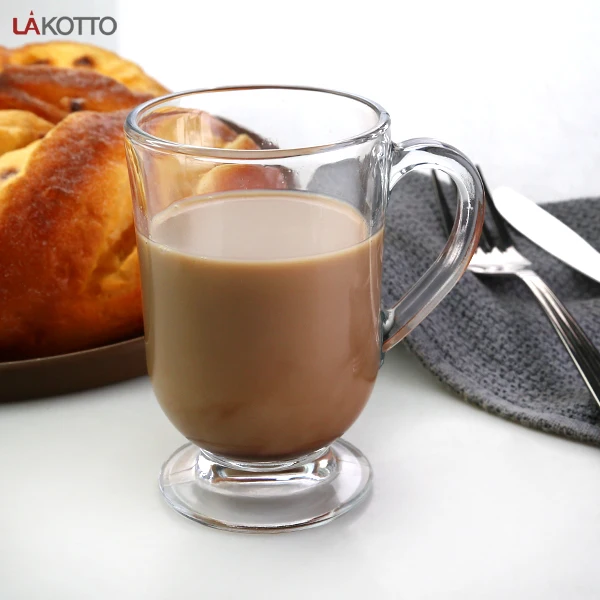 hot selling Irish coffee mug creative clear 10oz inner patter glass Irish Milkshake Cup with handle and stand