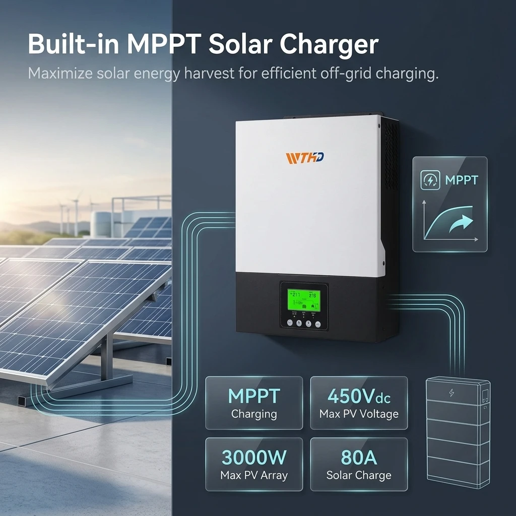 product 3kw 24v pure sine wave mppt off grid hybrid solar inverter 3000va 3000w 80a charger 90 430vdc pv range for residential power-16