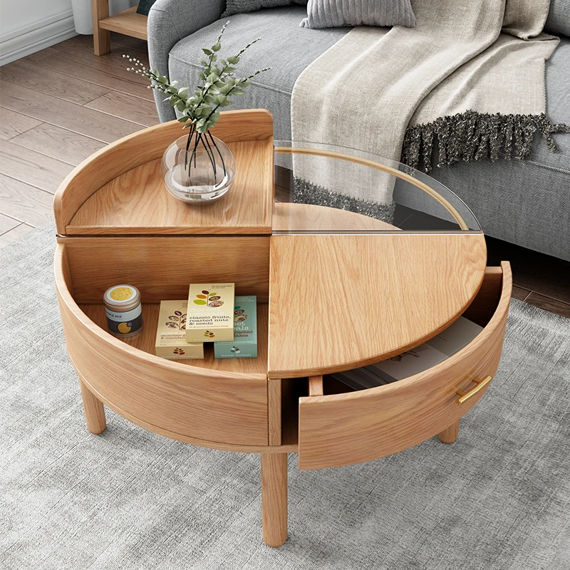 Solid Wood Storage Furniture Sectional Design Glass Top Round Luxury Coffee Tea Table For Living Room