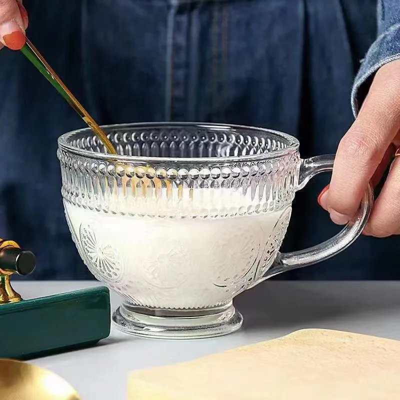 13oz Multipurpose Clear Glass Bowl with Handle Vintage Embossed Breakfast Cup Coffee Mug