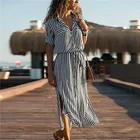 Formal Down Plus Size Women Dress Formal Turn Down Collar Stripe Shirt Dress Long Boho Beach Dress Casual Elegant