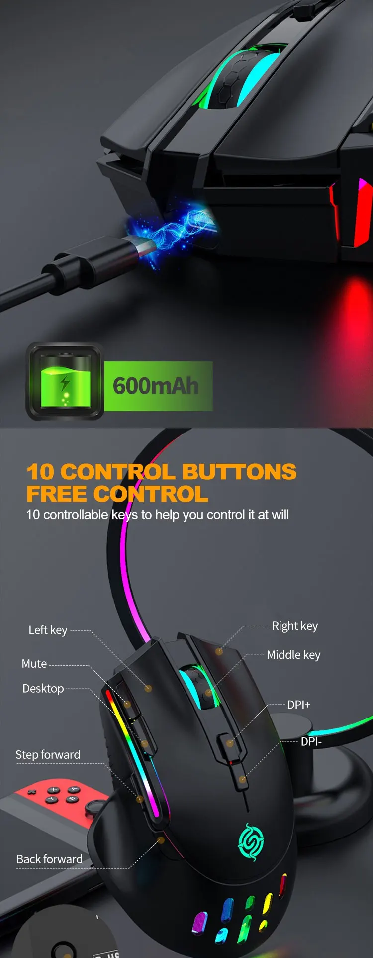 10 Programmable Buttons Optical Dpi 3200 Rechargeable Mice Rgb Backlit