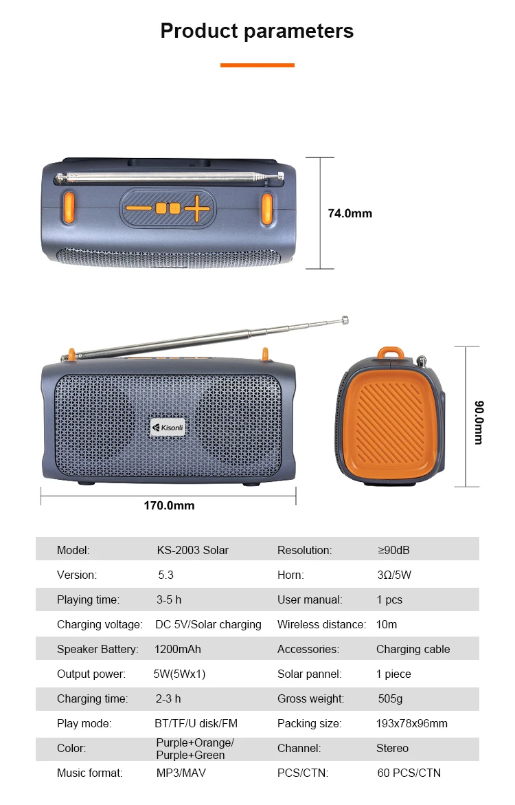 Kisonli KS-2003 Solar Magnetic Bluetooth Speakers Portable Outdoor Speaker with Solar Panel for Recharging 14 Kisonli KS-2003 Mp3 Solar Portable Magnetic Blue Tooth Speakers