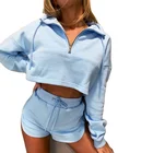 Zip Women Hoodies Set Custom 3 / 4 Zip Pullover Turn-down Collar Fitness Hoodie Short Set