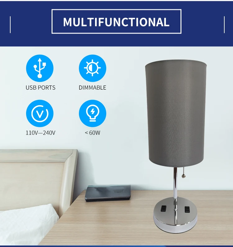 Gray lamp shade dual USB plug zipper switch iron cloth furniture table lamp