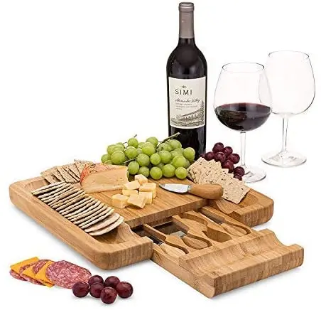 Natural Bamboo Cheese Board & Charcuterie Platter w/Hidden Drawer for Cutlery... 