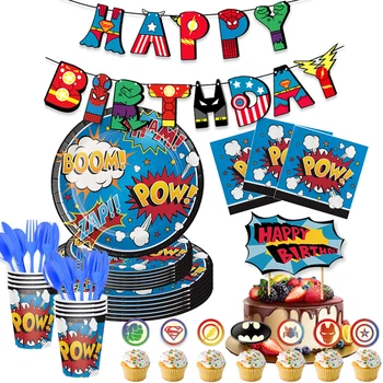 Nicro Super Hero Party Supplies Paper Cup Paper Plate Napkins Cutlery Super Hero Theme Kids Birthday Party Tableware Set