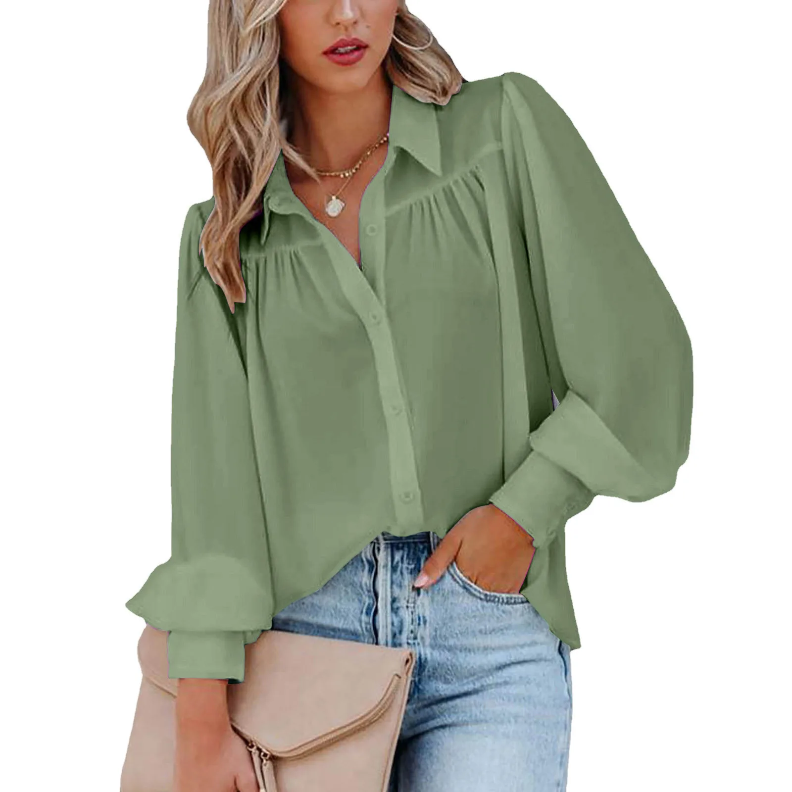 2023 new design Button Up Top Balloon Sleeve Pleated Solid Color Stand Collar Loose Shirt Long Sleeve Women's tops