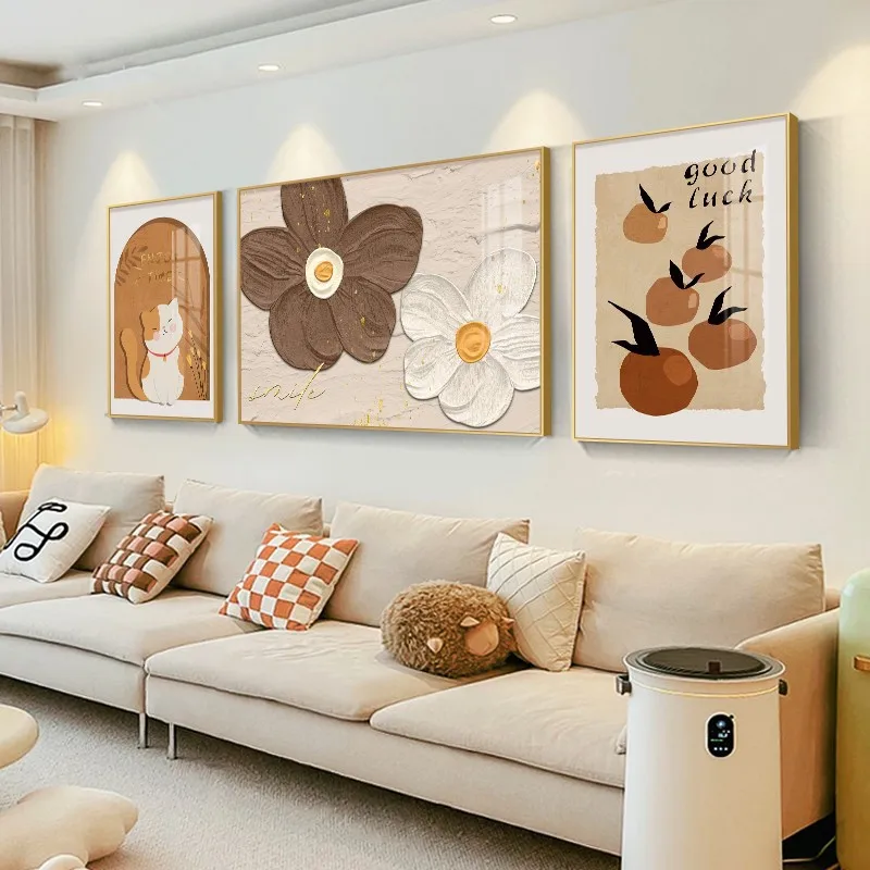 Floral Cat Gallery Wall Art Set Canvas Print Yellow White Daisies Green Earthy Tones Minimalist Whimsical Living Room Home Decor