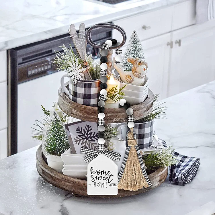 Hot sell black and white farmhouse wood bead garland with tassels