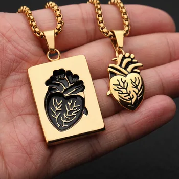 2pcs/set Vintage Jewelry Stainless Steel Puzzle Mosaic Couple Statement Anatomical Heart Gold Punk Rectangle Collares Necklace