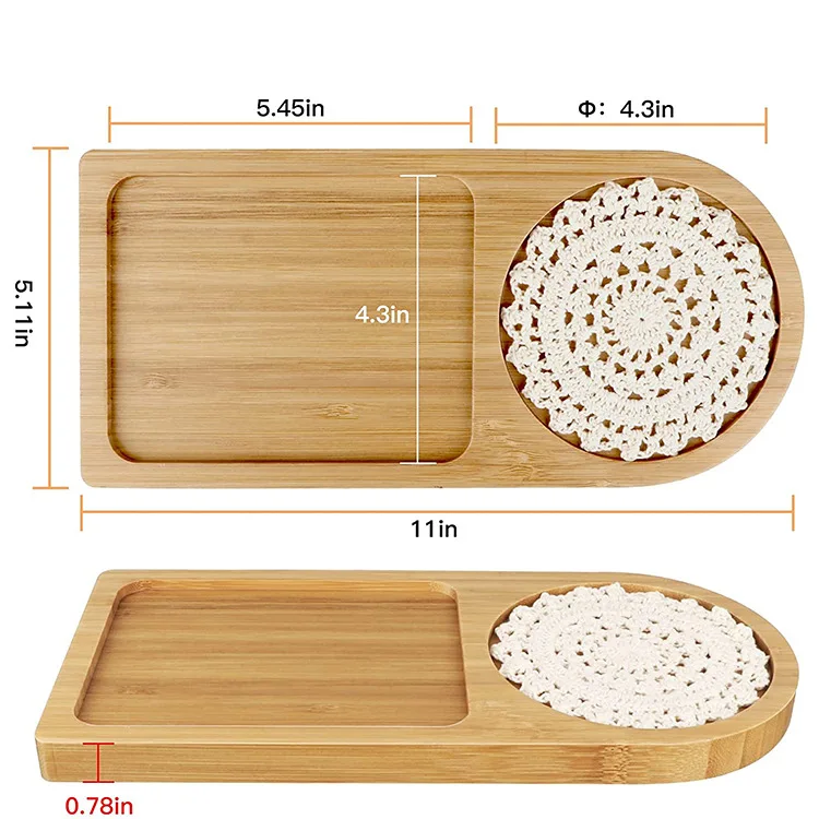 Small Natural Bamboo Serving Platter Rectangular Wooden Tray with Coaster Drink Trays for Coffee Tea Dessert Table