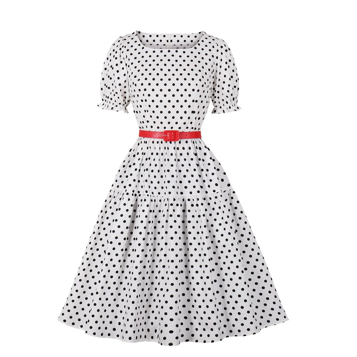 black and white polka dot dress with red belt