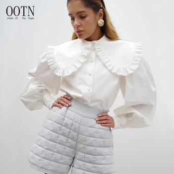 OOTN Female Spring Summer Frill Shirt 2021 Big Peter Pan Collar Ruffle Womens Blouse Long Sleeve White Cotton Casual Tops