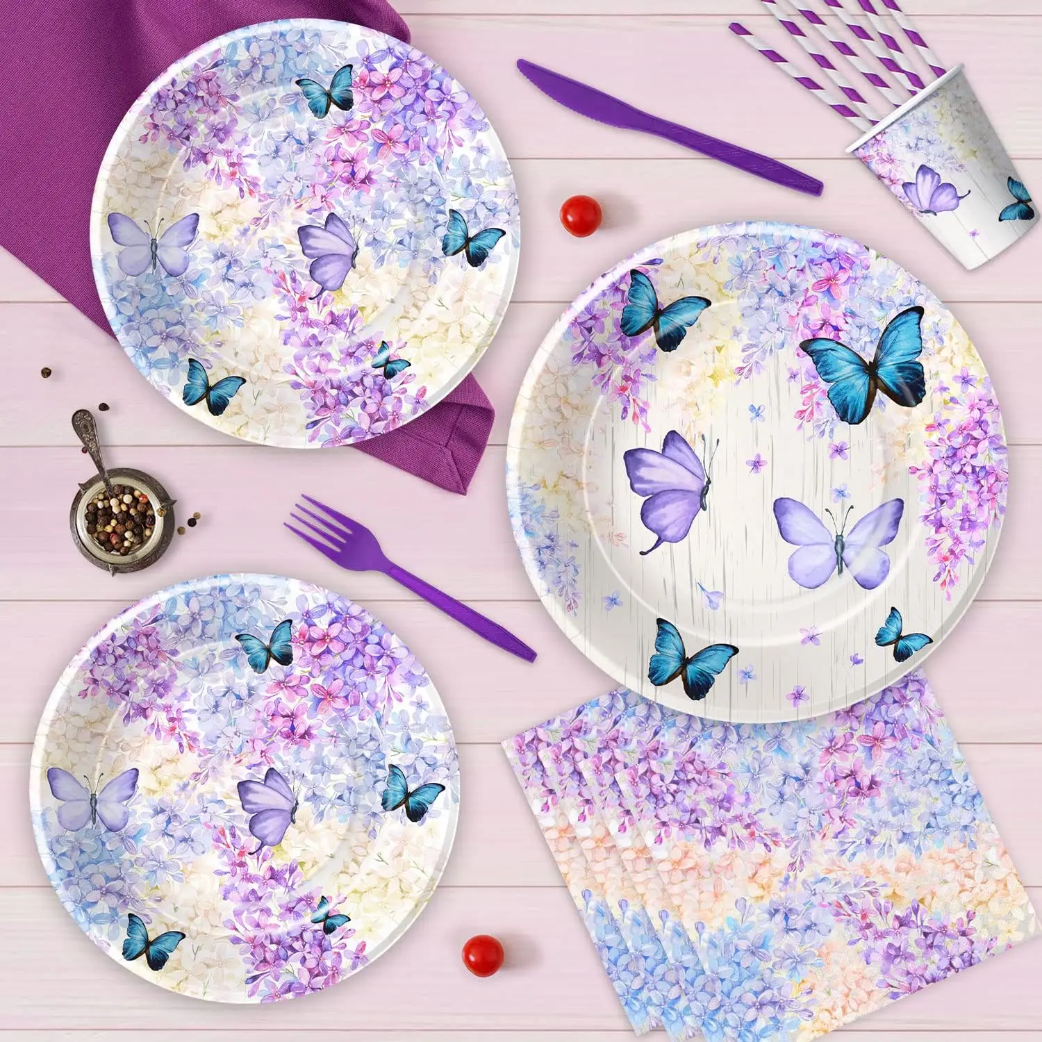 Purple Butterfly Theme Birthday Party Tableware Set Butterfly Pattern Decorations Party Plates Disposable Party Tableware