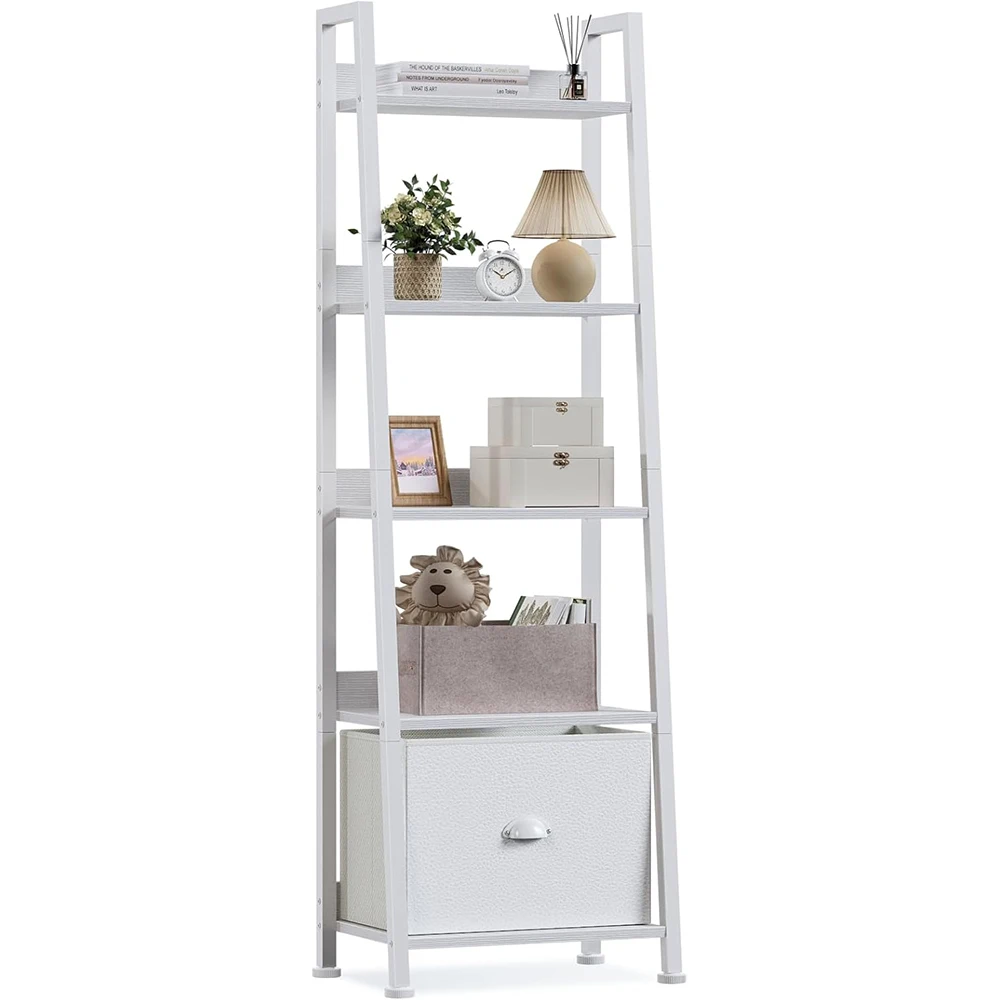 5-Tier White Ladder Bookshelf Removable Drawer Modern Wood Metal Freestanding Storage Shelves for Living Room supplier