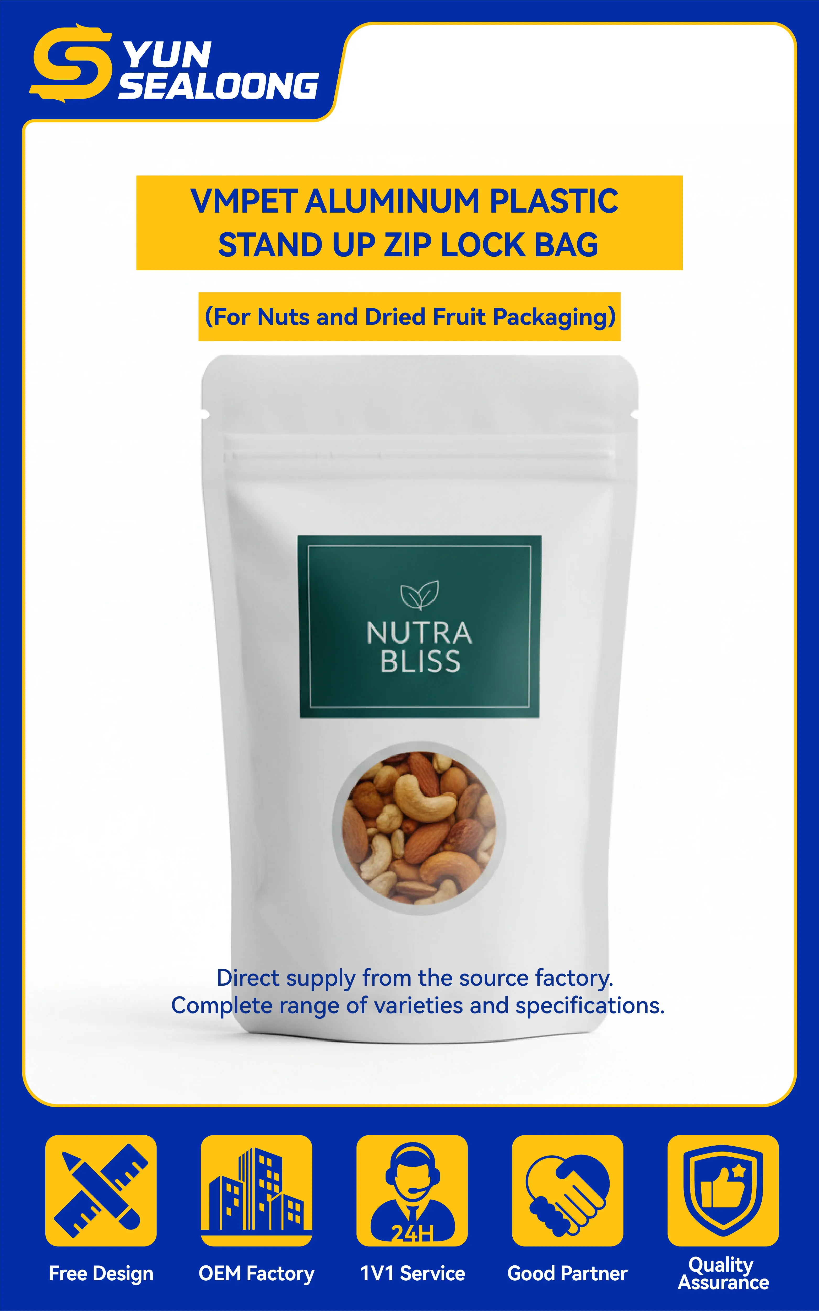 VMPET Zip Lock Stand-Up Pouch Bag Aluminum Plastic for Packaging Nuts Dried Fruit Pet Food for Shipping