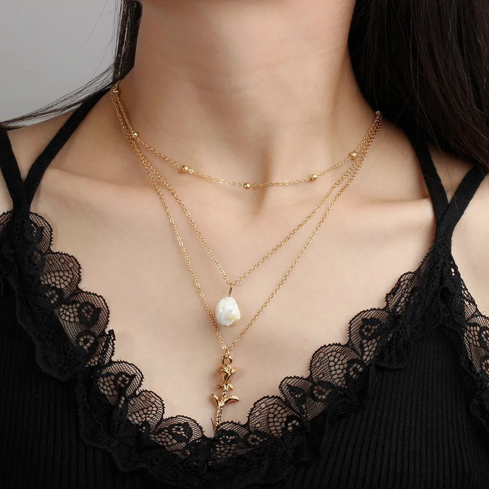 Fashion simple irregular pearl metal rose pendant necklace minimalist jewelry multi layer necklace