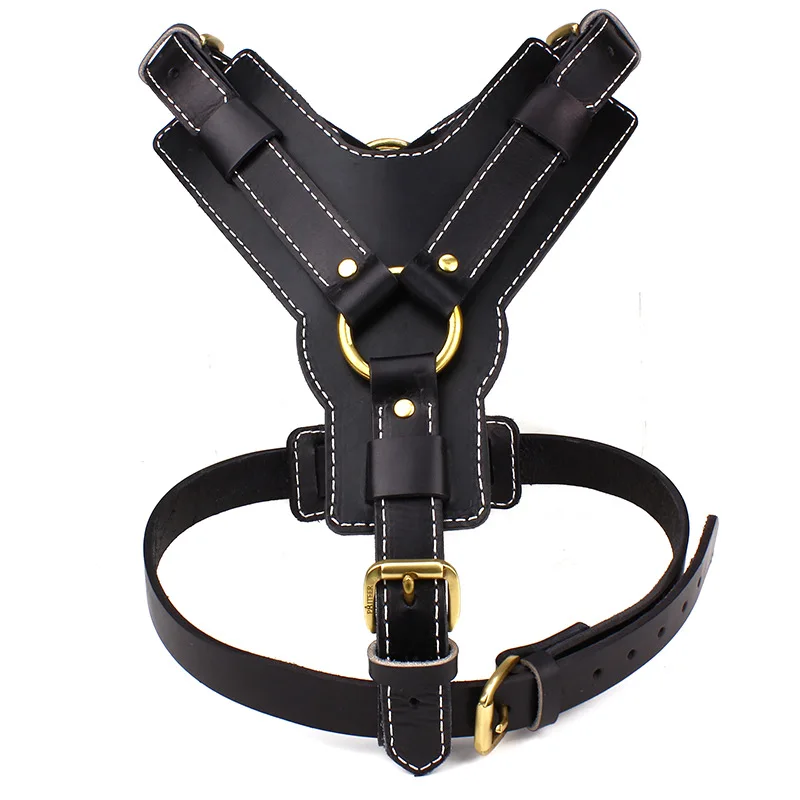 Adjustable Black Cowhide Pet Harness Leather Durable Dog Leash Collar For Large Dogs
