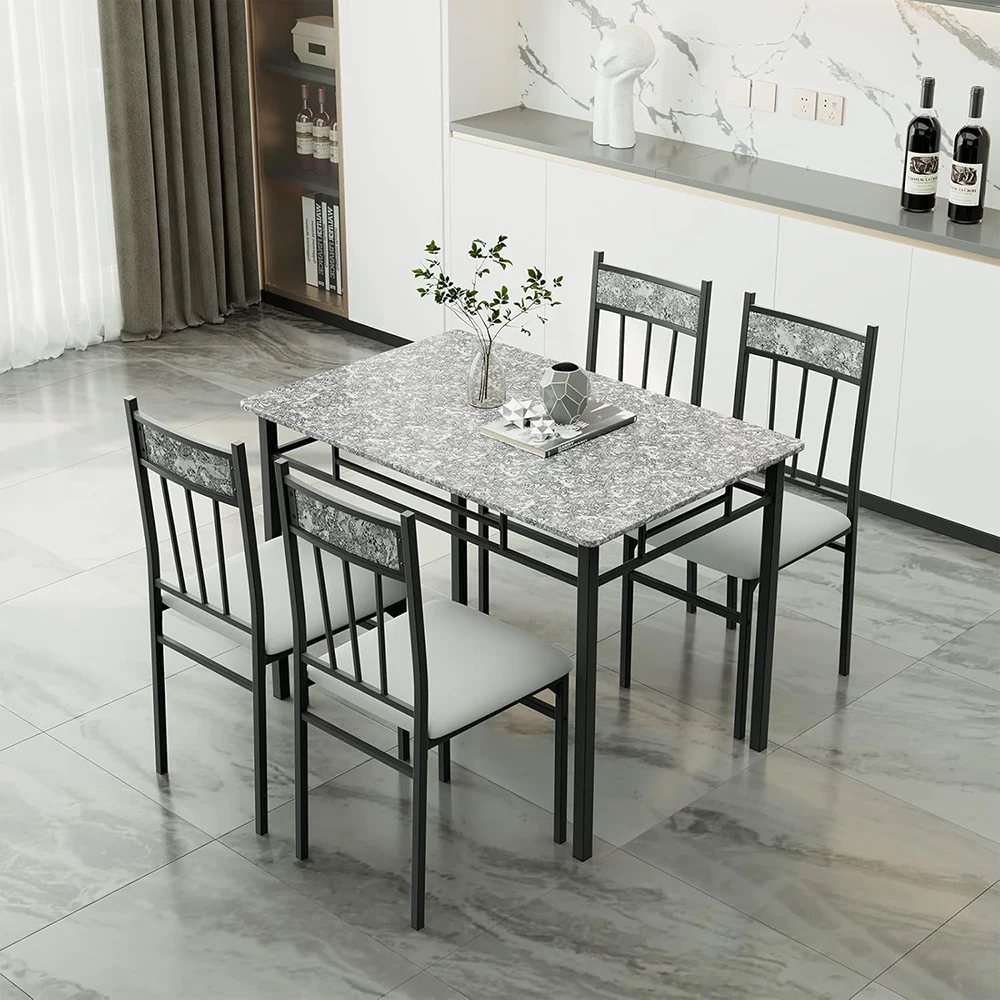 5-Piece Vintage Rectangular Dining Room Table Set 4 Faux Marble Kitchen Table Chairs Cushion Padded Seats Metal Wood Furniture supplier