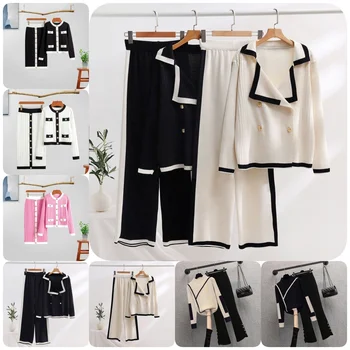 Wholesale new autumn and winter knitted o collar long sleeve sweater top and patchwork pants women's two pairs of trousers