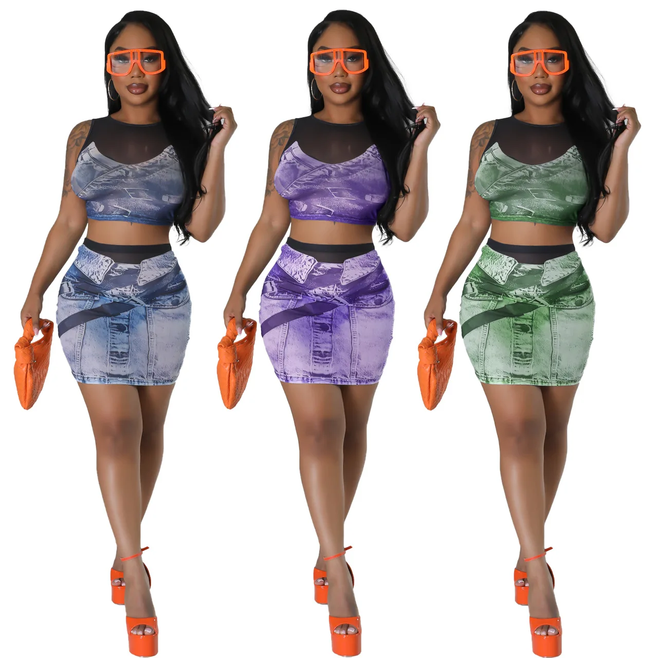 Summer hot sale 2 piece set women skirt and top sexy bodycon mesh see through casual party club wear