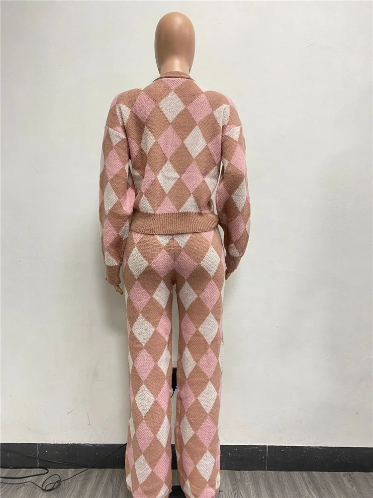 Knit Plaid Women's Set Long Sleeve Sweater Cardigan and Wide Leg Pants 2023 Two 2 Piece Set