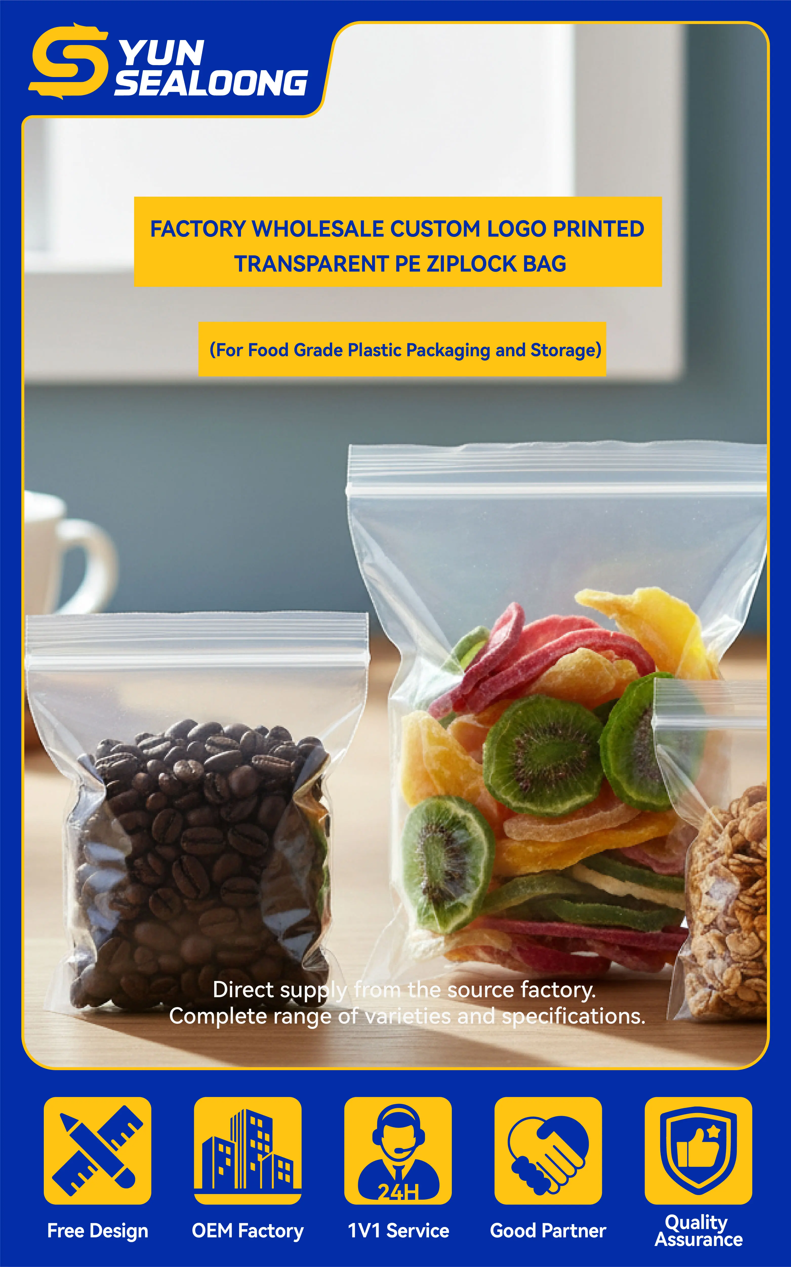 Factory Wholesale Custom Logo Printed Transparent PE Ziplock Bag for Food Grade Plastic Packaging and Storage