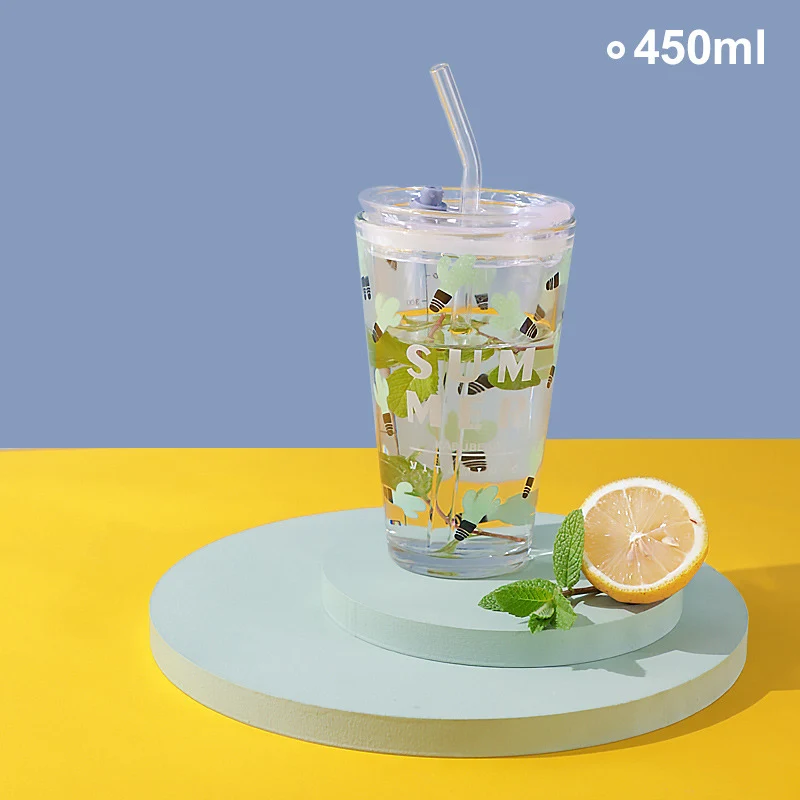 Customized  creative cute 450ml Cartoon glass office milk cup with straw drink cup