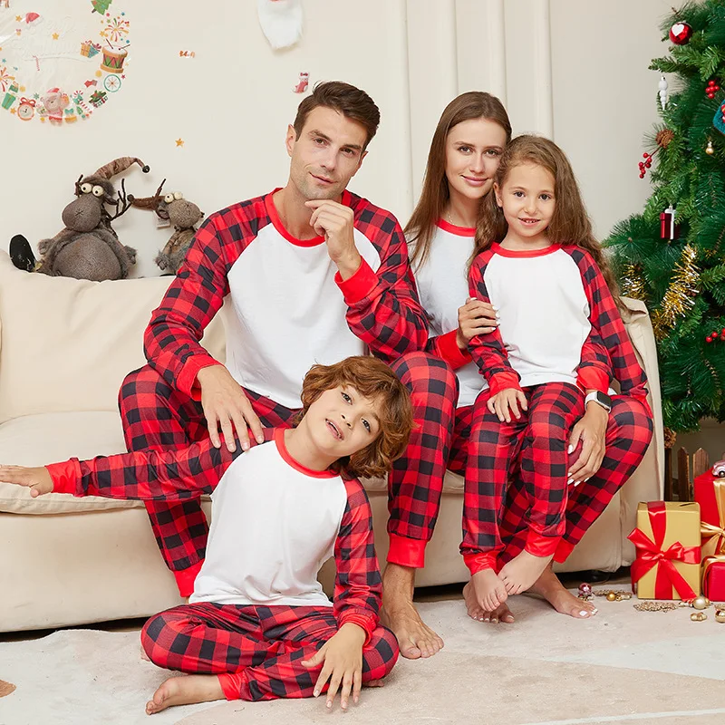 Wholesale Christmas Clothes Baby And Children'S Checker Printing Set Parent-Child Solid Color Home Clothing Pajamas Jumpsuits