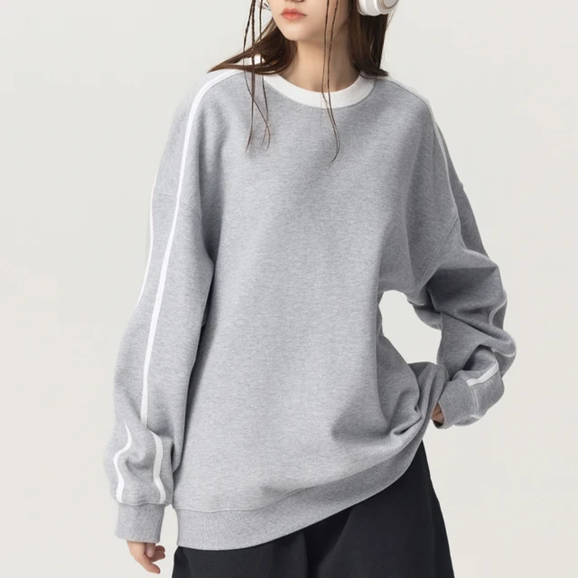 OEM/ODM Custom Women's Color-Blocked Round-Neck Sweatshirt - 380g Interlock, Cotton-Poly Blend, Contrasting Stripes, Versatile