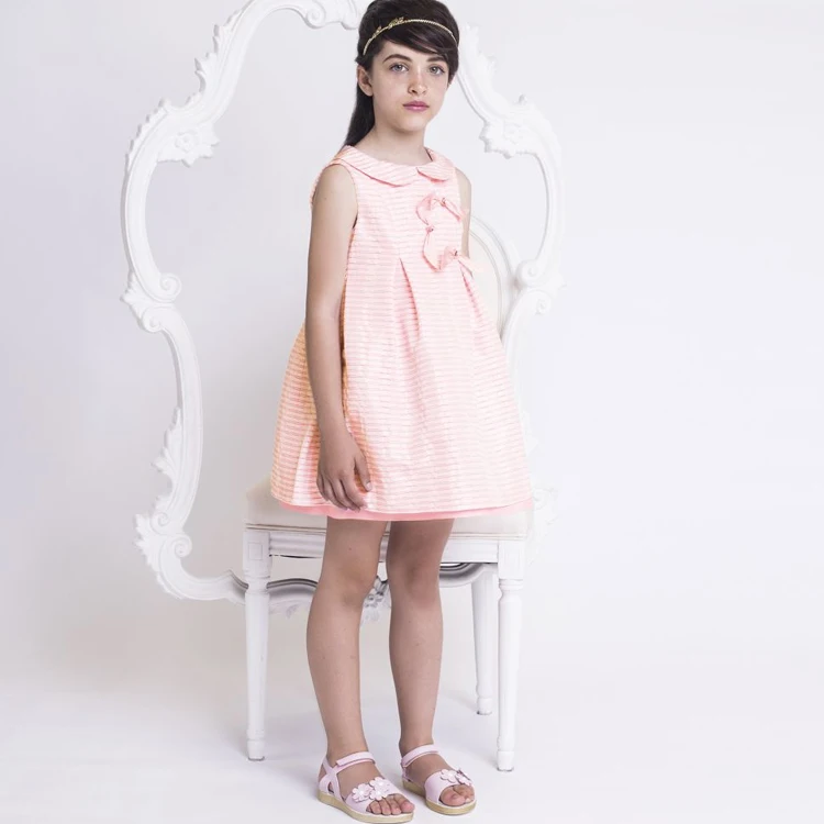 Pink stripe cute wholesale kids dresses sleeveless summer comfortable kids dress with bow knot