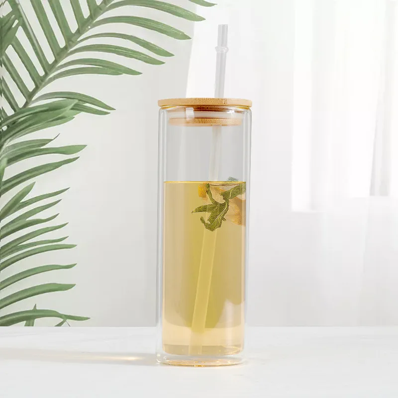 wholesale water Cup double thickened high borosilicate glass pitcher water cup bamboo lid straw handle outdoor