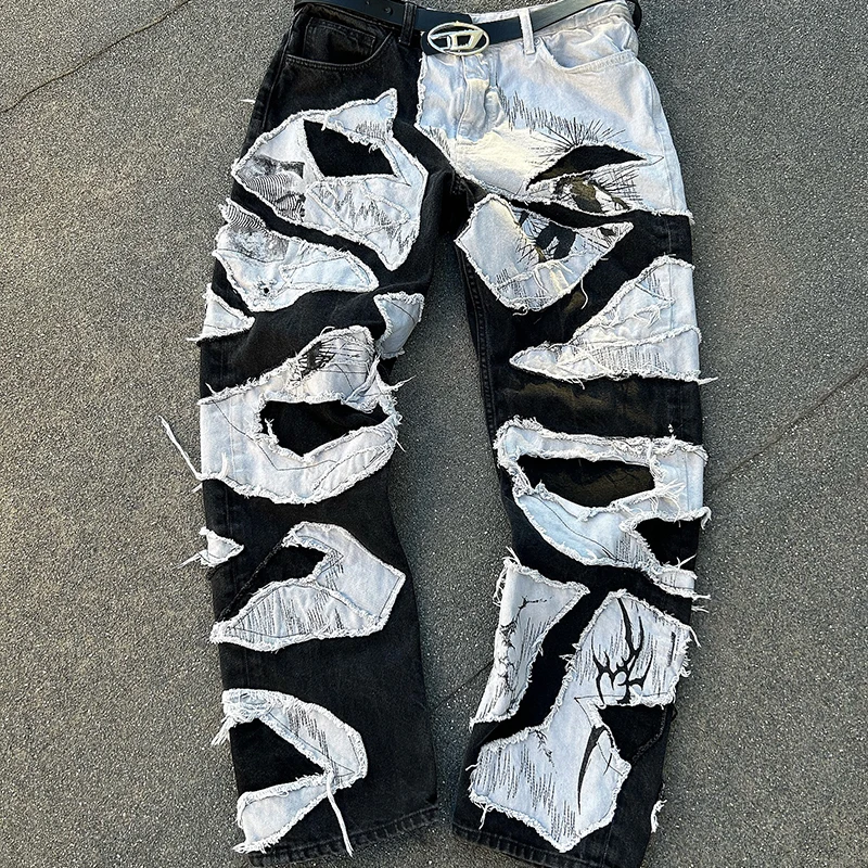 Custom Vintage Streetwear Jeans with 3D Print and Distressed Patch Slim Fit Hip Hop Denim Pants