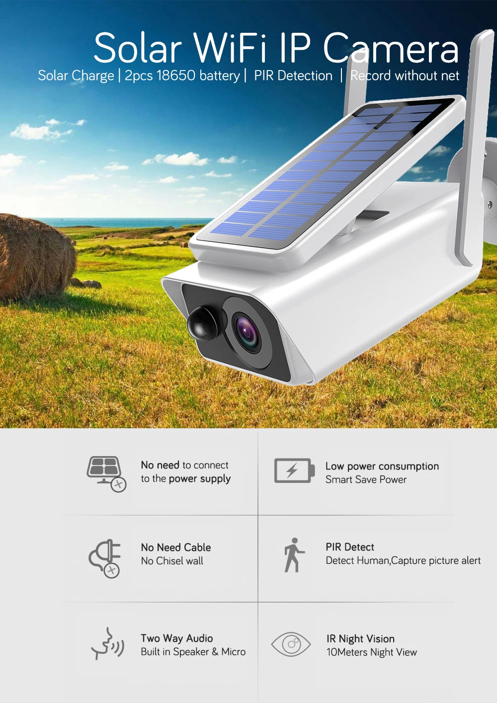 ICSEE 4MP Waterproof Solar Camera Night Vision Solar Wifi BULLET CAMERA Outdoor Solar Powered Wireless CCTV Wifi Camera Solar